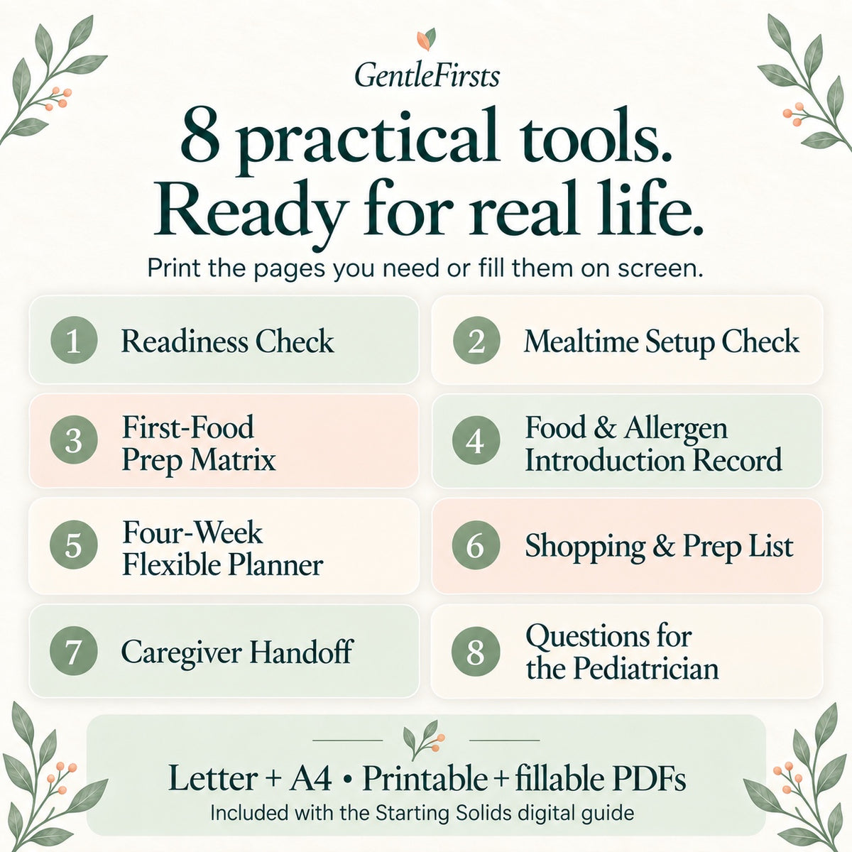 Eight printable and fillable starting-solids planning tools in Letter and A4 formats