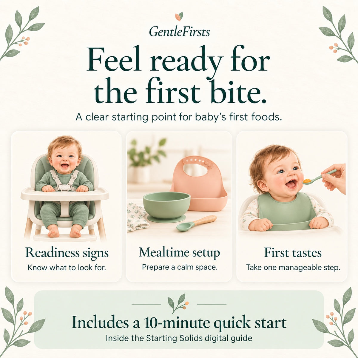 Starting solids quick start — readiness signs, mealtime setup, and first tastes