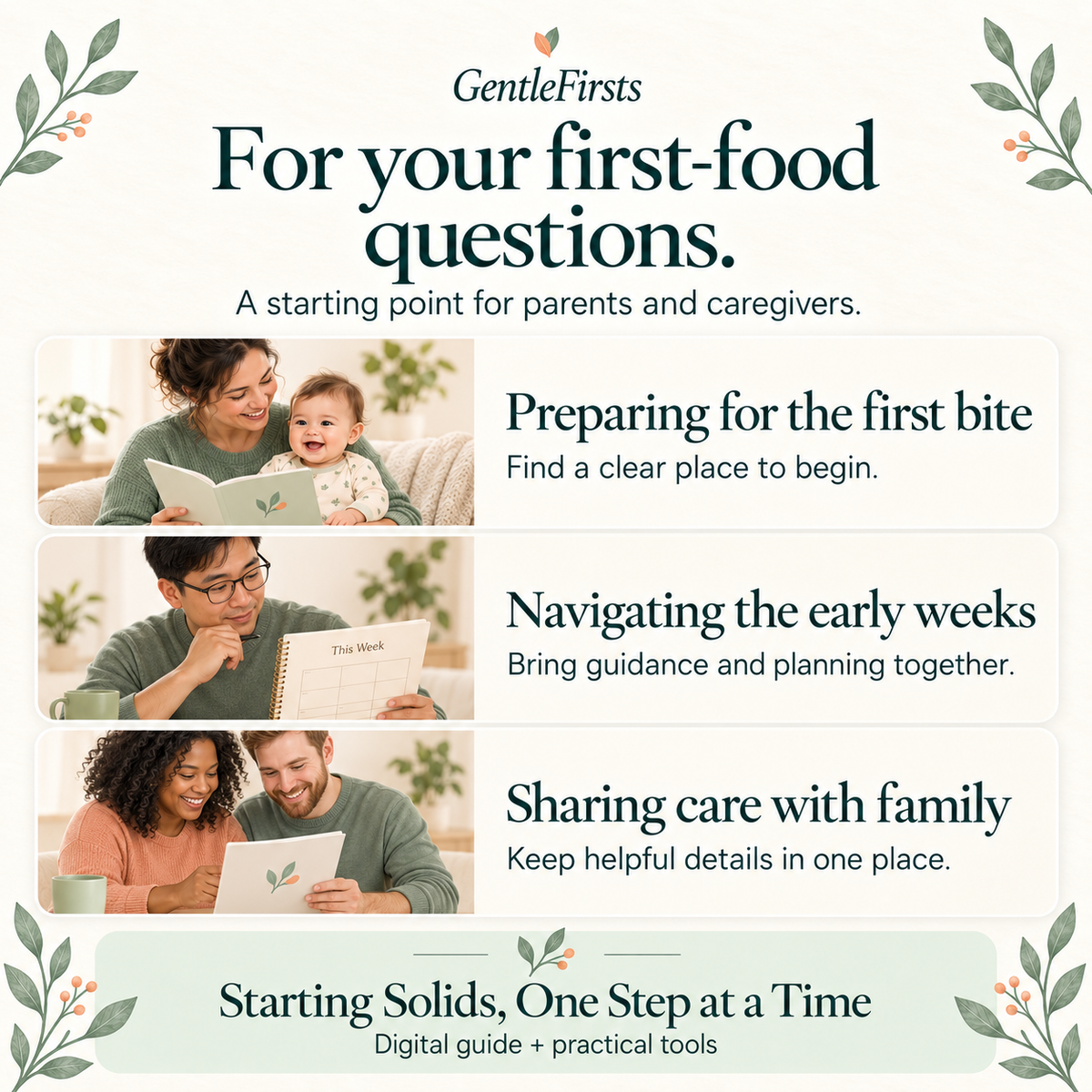 Who the Starting Solids guide is for: parents preparing for first foods, families navigating early feeding weeks, and caregivers sharing care.